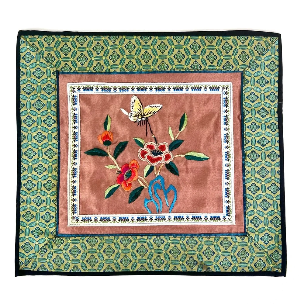 Vintage Chinese Silk Embroidered Floral Butterfly Panel